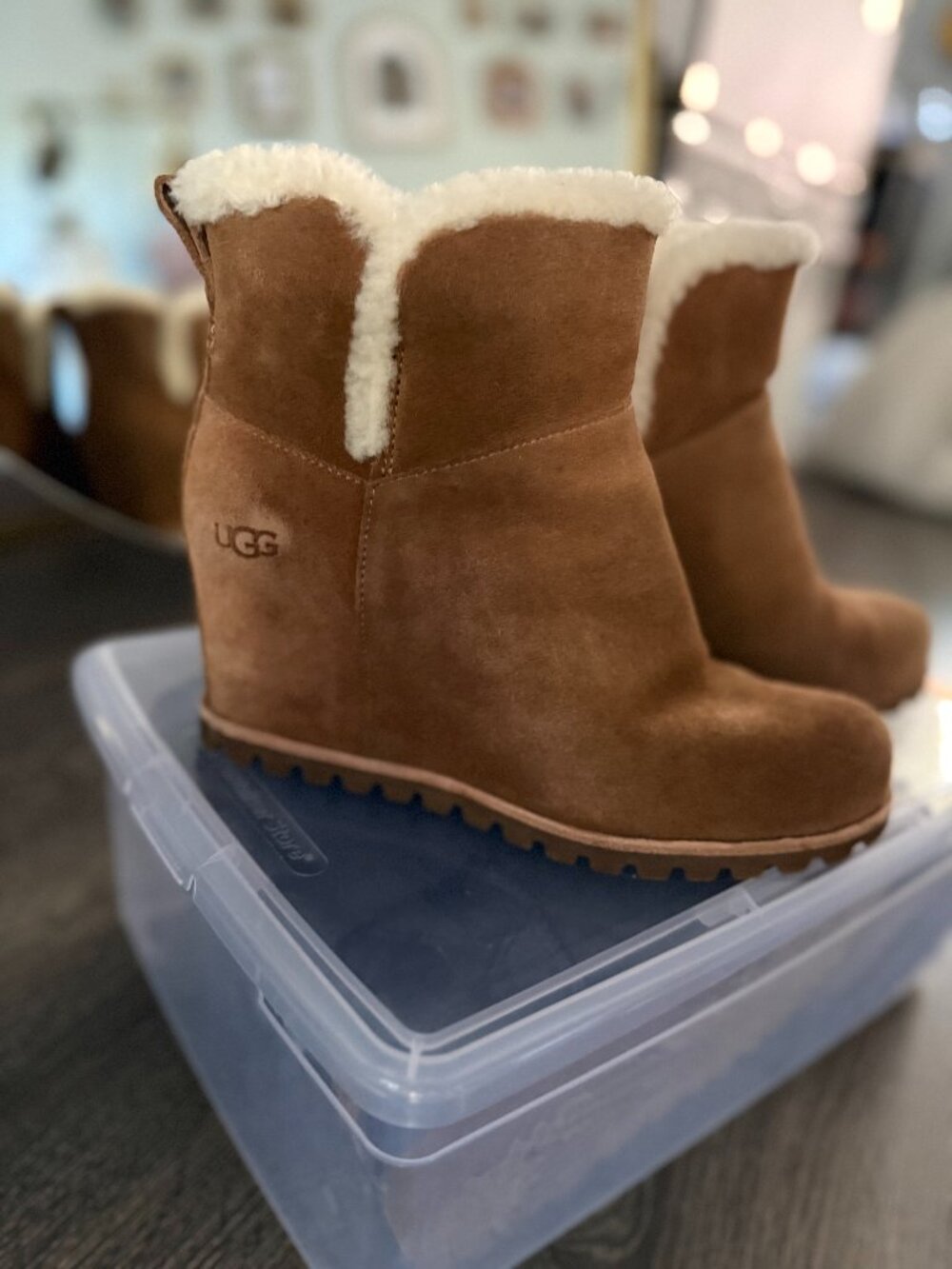 UGG Marte Chestnut Suede Shearling Wedge Booties Size 7.5